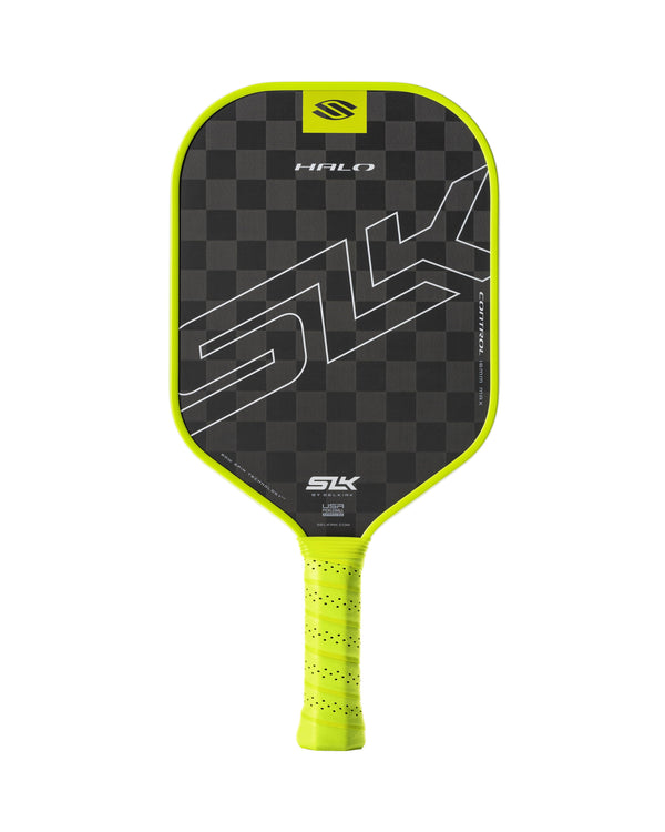 Neon yellow-edged pickleball paddle with checkerboard face, stylized SLK graphic and logos reading HALO and SLK, right-side text CONTROL 14mm