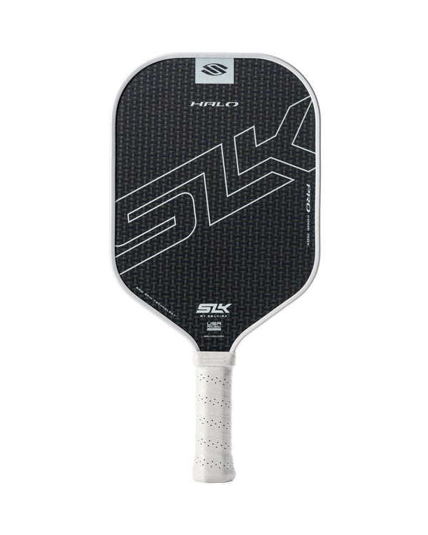 Black carbon-fiber pickleball paddle with white grip, large SLK logo; HALO and PRO markings and small USA text.