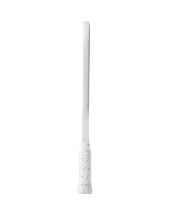 Side view of a white textured grip handle of a pickleball paddle