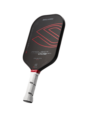 SELKIRK PROJECT 008 pickleball paddle with black face, red logo and white wrapped grip.