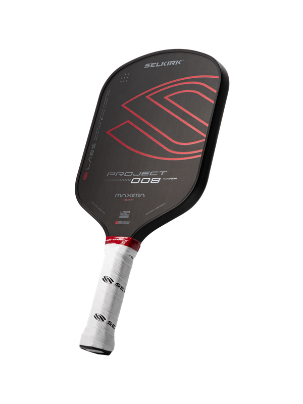 SELKIRK PROJECT 008 MAXIMA pickleball paddle, black face with red S logo and white grip