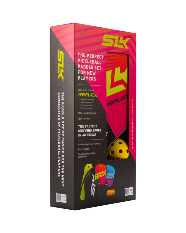 SLK REFLEX packaging: "THE PERFECT PICKLEBALL PADDLE SET FOR NEW PLAYERS" box with paddles and a yellow ball