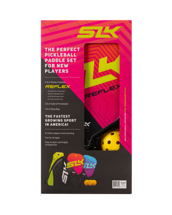 SLK Reflex pickleball paddle set packaging: THE PERFECT PICKLEBALL PADDLE SET FOR NEW PLAYERS