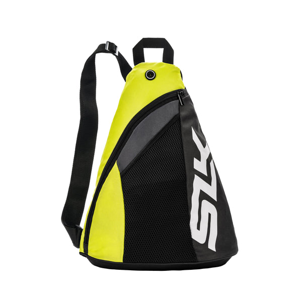 Neon yellow and black triangular sling backpack with mesh front pocket and 'SLK' logo