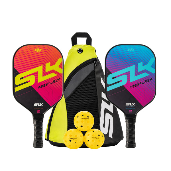 Two SLK REFLEX paddles, SLK backpack, and three yellow balls labeled SLK Highlite