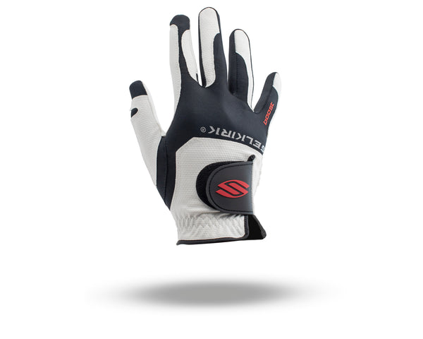 Black-and-white cycling glove with wrist strap, red S logo and red text 'SPORT' on finger.