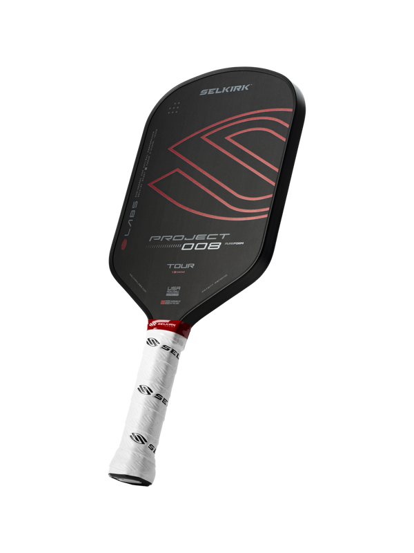 Selkirk Project 008 Labs Tour pickleball paddle — black face with red logo and white Selkirk-wrapped handle
