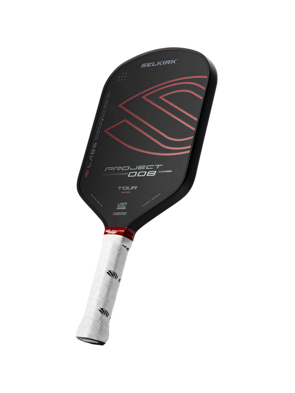 SELKIRK PROJECT 008 TOUR pickleball paddle with black face, red graphics and white wrapped grip
