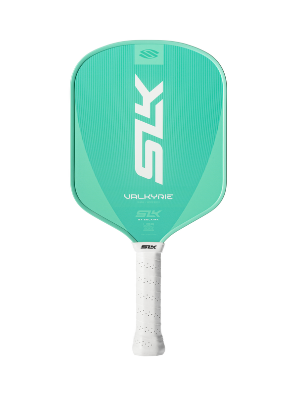 Teal pickleball paddle with white grip; bold vertical 'SLK' and smaller 'VALKYRIE' branding on face.