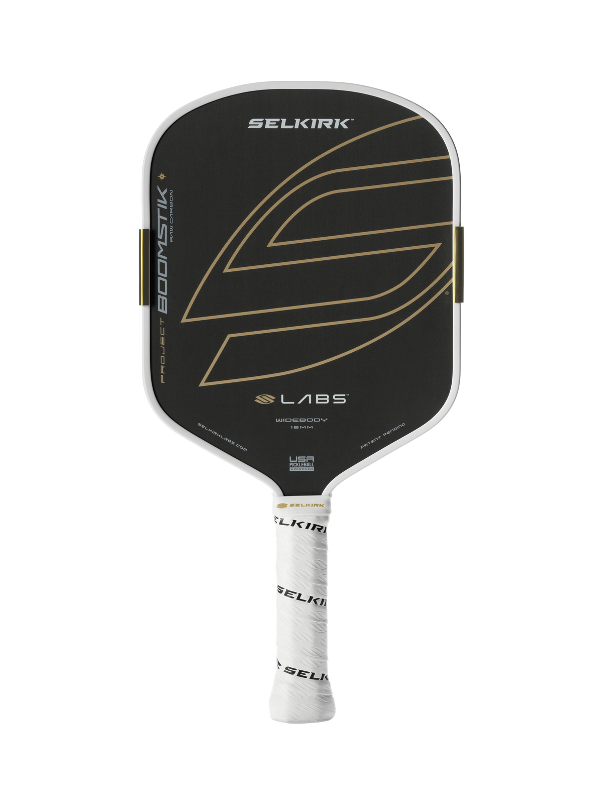 Selkirk paddle face: SELKIRK logo, PROJECT BOOMSTIK®, LABS, WIDEBODY 15MM; SELKIRK on white grip
