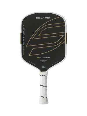 Selkirk paddle face: SELKIRK logo, PROJECT BOOMSTIK®, LABS, WIDEBODY 15MM; SELKIRK on white grip