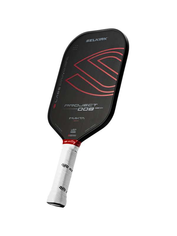 Black Selkirk pickleball paddle with red S logo; markings read SELKIRK, LABS, PROJECT 008, INVICTA, USA
