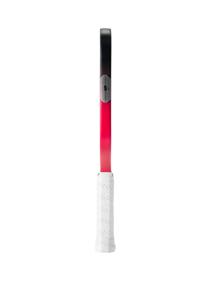 Red-to-black tennis racket side profile with white perforated grip and metal logo plate on the shaft