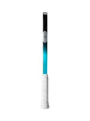 Tennis racket handle and shaft with white perforated grip and cyan-to-black gradient shaft featuring a silver hexagonal logo.