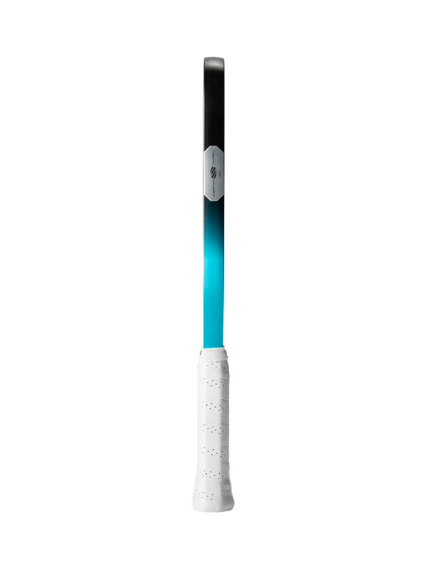 Tennis racket handle and shaft with white perforated grip and cyan-to-black gradient shaft featuring a silver hexagonal logo.