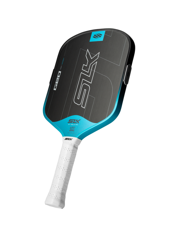 SLK pickleball paddle with teal trim and white grip; branding reads SLK, G80, USA