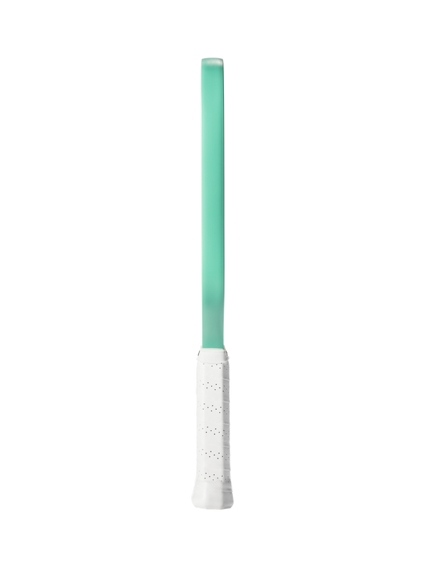 Side view of a mint-green tennis racket frame showing white perforated grip and thin profile