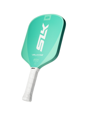 Teal pickleball paddle with white grip, marked "SLK" and "VALKYRIE" with small "BY SELKIRK" branding.