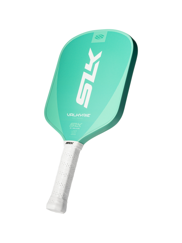 Teal pickleball paddle with white grip, marked "SLK" and "VALKYRIE" with small "BY SELKIRK" branding.